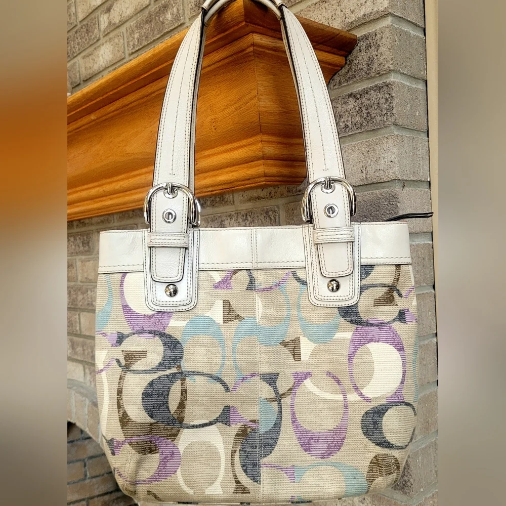 Coach Soho Linen Op Art Tote #16591 White Leather Purple Satin Interior - Picture 14 of 14